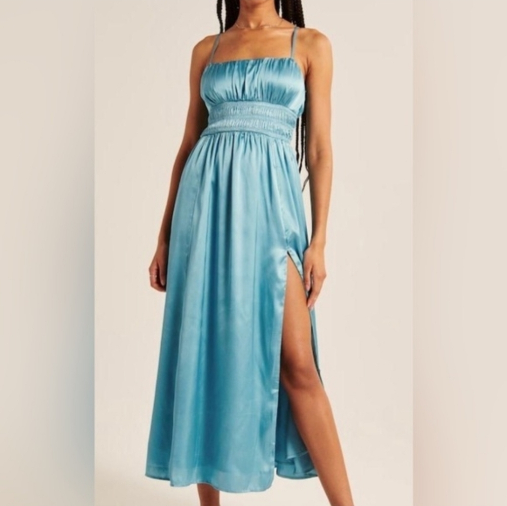 Abercrombie & Fitch Smocked Bodice Blue Satin Midi Dress With Side Slit Size Sm